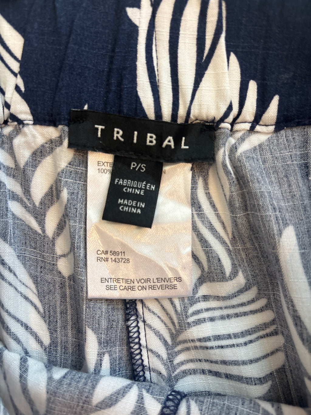 Tribal Navy Leaf-Print Pull-On Ankle Pants, P/S