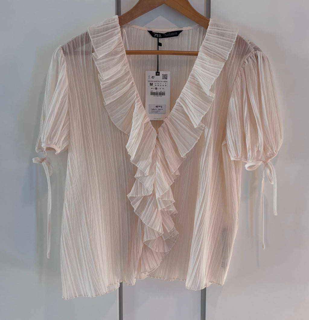 Zara Ivory Plissé Ruffle Blouse, M