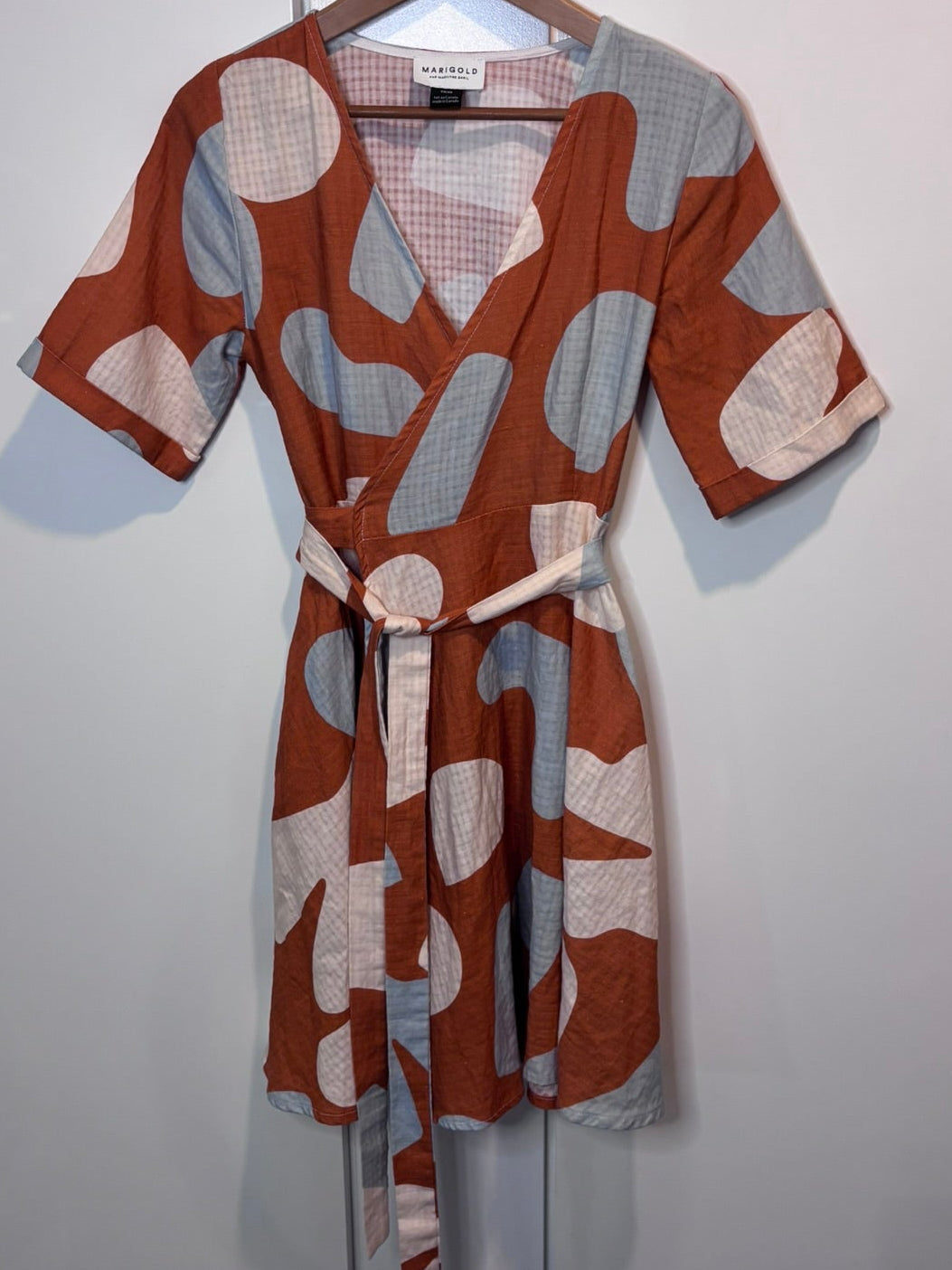 Marigold Rust Abstract-Print Cotton Wrap Dress, TP/XS